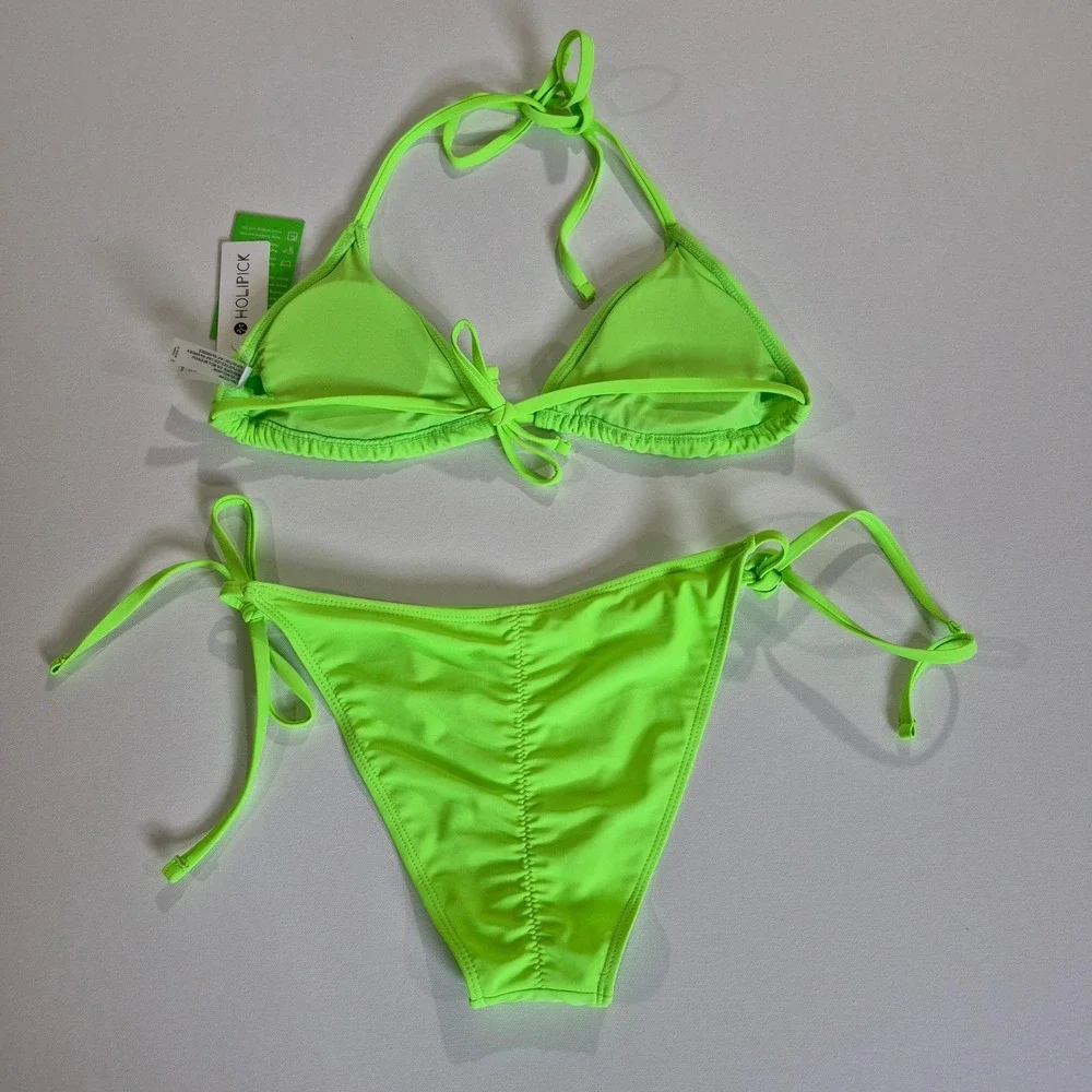 Holipick Womens Neon Lime Green‎ Triangle Side Tie Bikini Swimsuit Set XS NWT